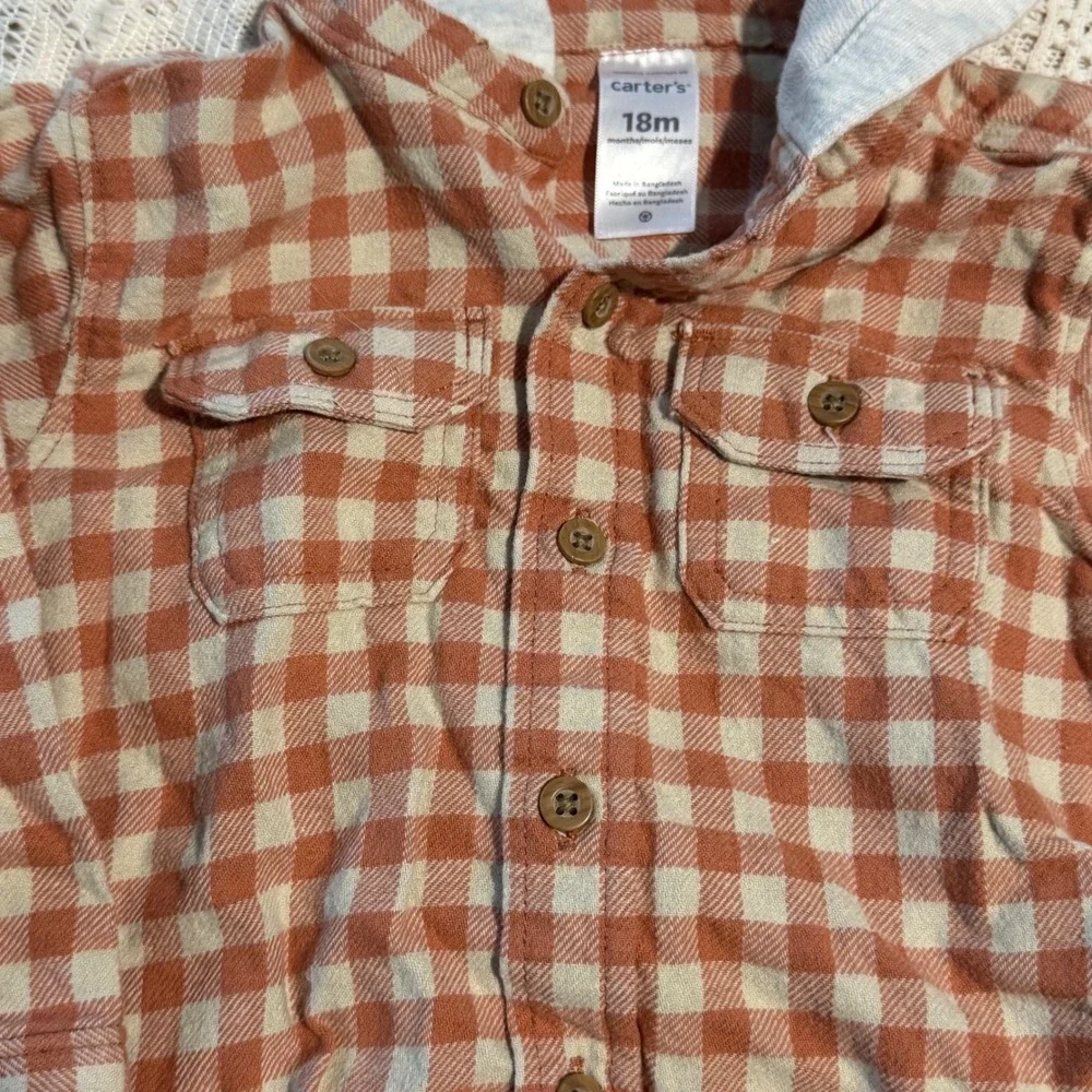 Carter's Baby Boys Flannel Shirt with Hood 18M Plaid Button Up Top